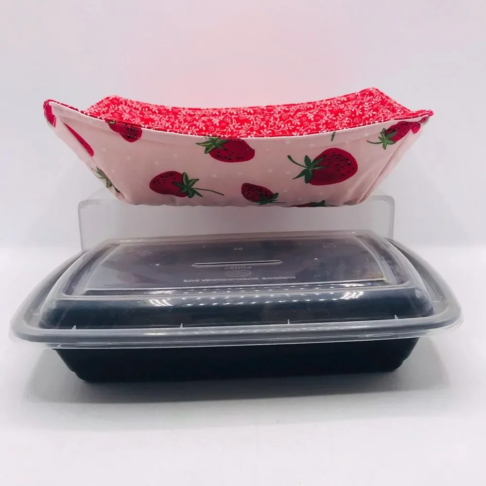 Reversible Microwave Cozie For Takeout Containers Cottage Core Strawberry Fabric